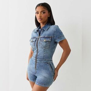 True Religion Blue Denim Overalls Shorts Classic Medium Wash, Womens XL